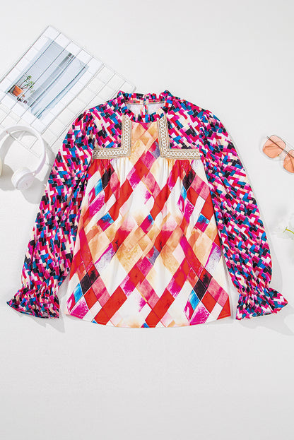 Abstract Geometric Pattern Patchwork Puff Sleeve Blouse | Rose Red