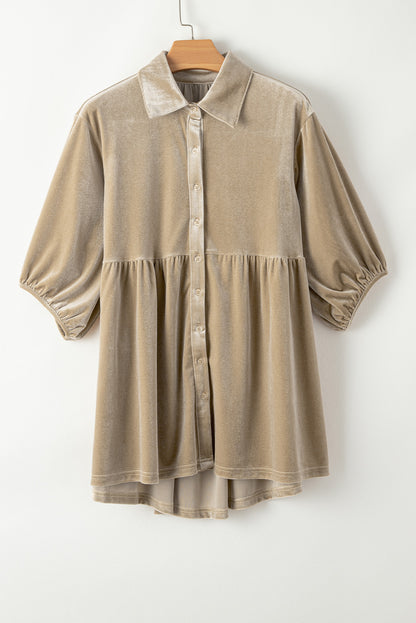 3/4 Sleeve Tunic Babydoll Velvet Shirt | Pale Khaki