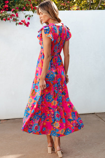 Boho Floral V Neck Ruffle Tiered Long Dress | Rose Red