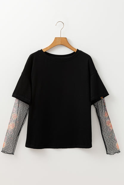 Faux Two Piece Floral Long Sleeve Patchwork Tee | Black