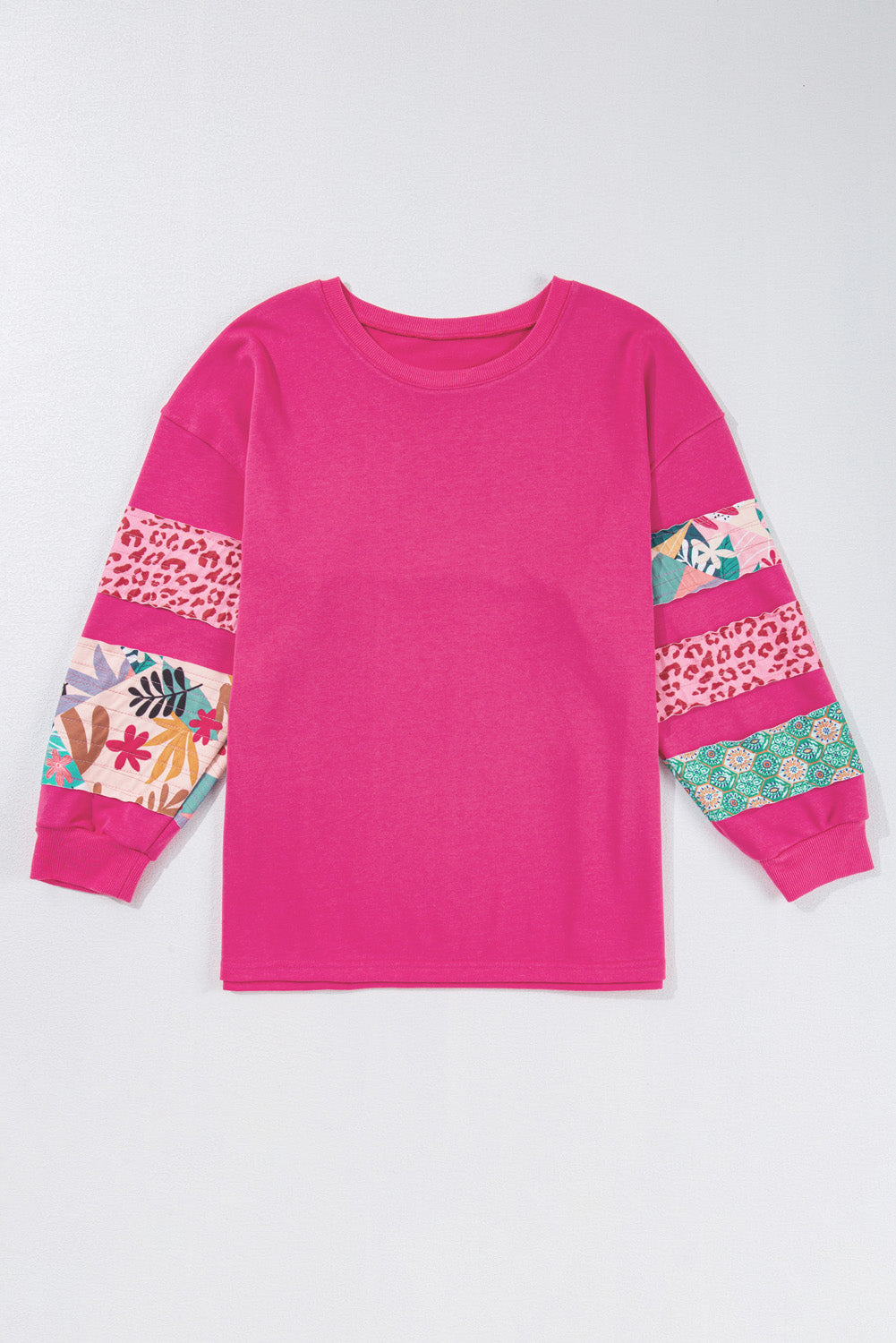 Plus Size Printed Patchwork Sleeve Split Sweatshirt | Rose Red