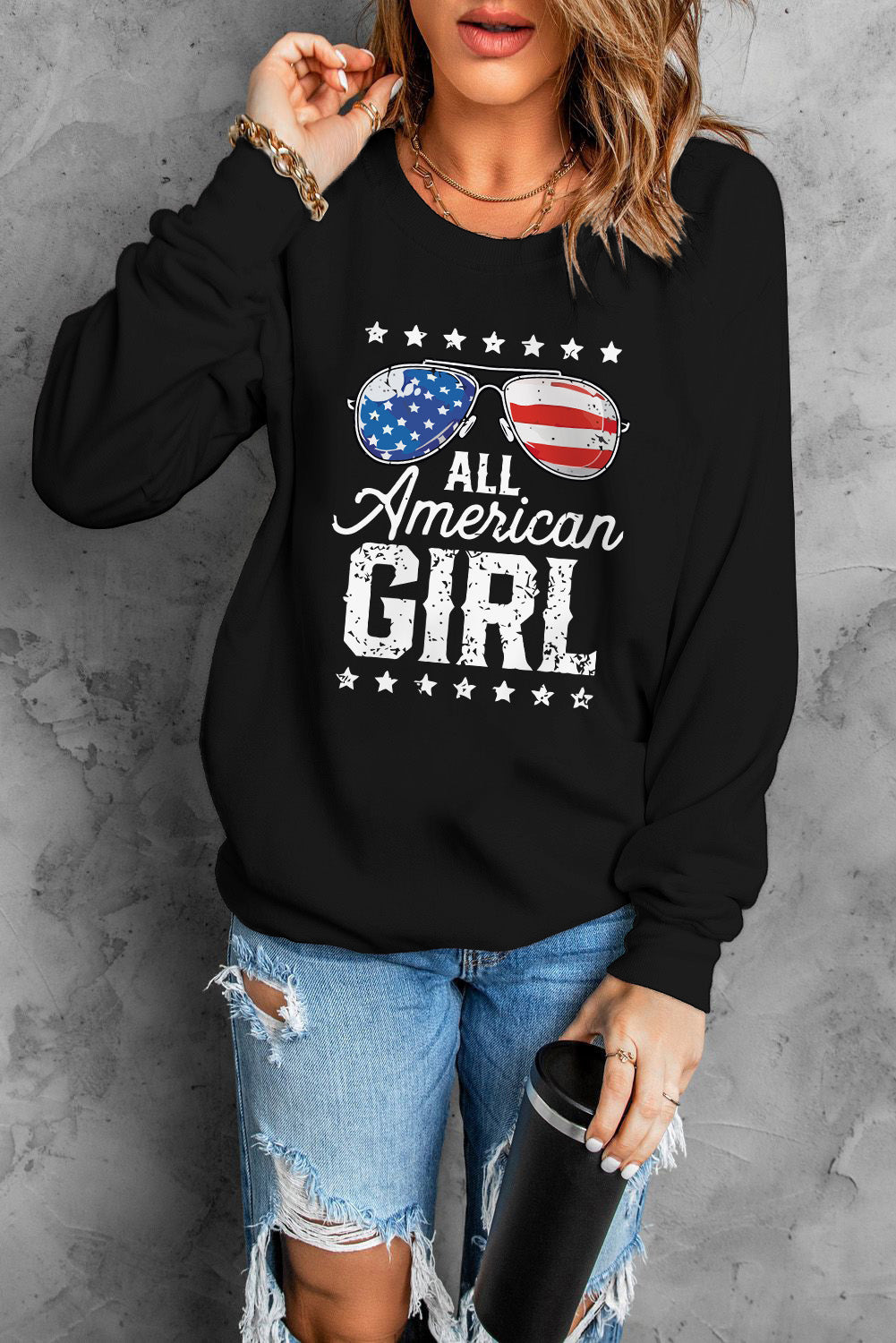 All American Girl Flag Graphic Print Long Sleeve Sweatshirt | Black