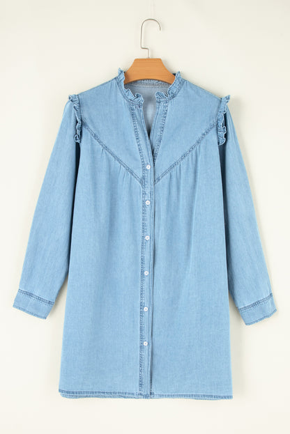 Ruffled V Neck Buttoned Shift Denim Dress | Myosotis