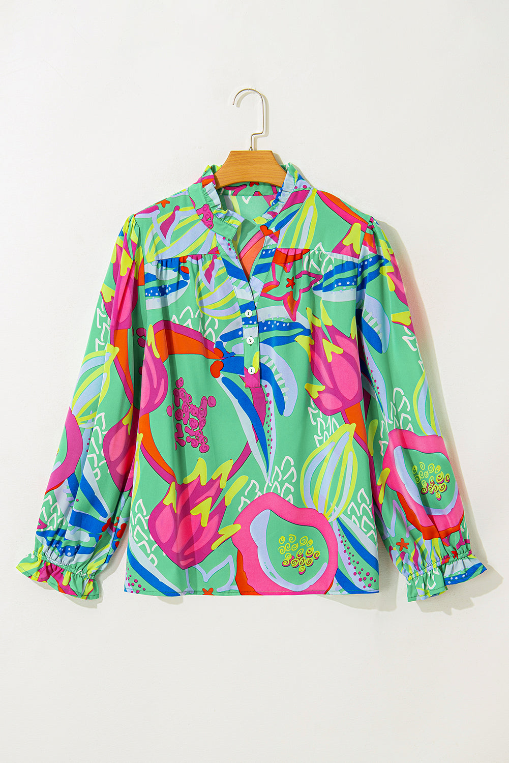 Abstract Printed Flounce Sleeve V Neck Buttoned Plus Size Blouse | Green