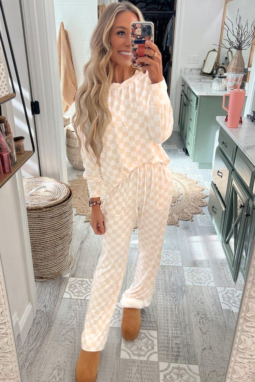 Checkered Print Long Sleeve Top And Pants Lounge Set | Beige