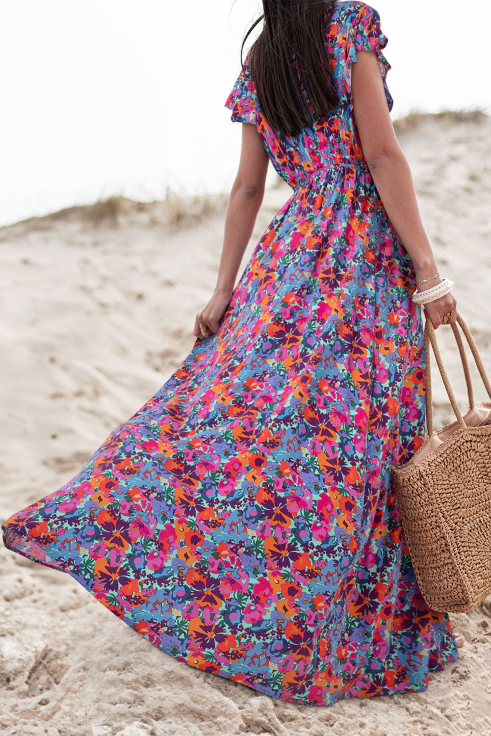 Floral Print V Neck Wrap Split Maxi Dress | Blue