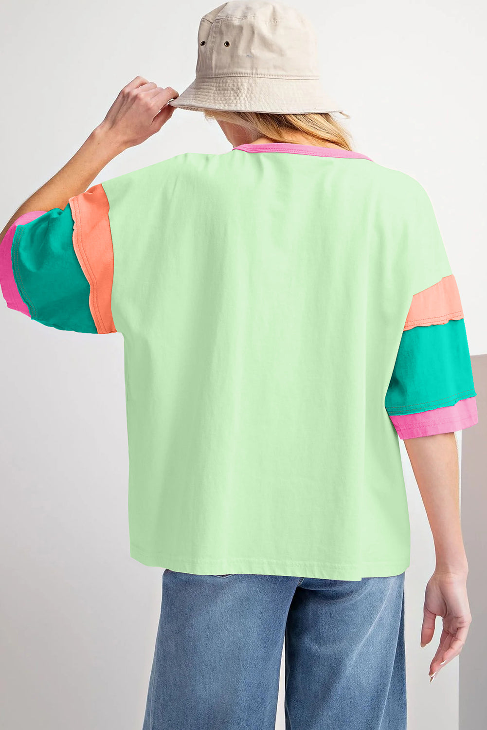 Colour Block Stitching Sleeve Round Neck Oversize Top | Green