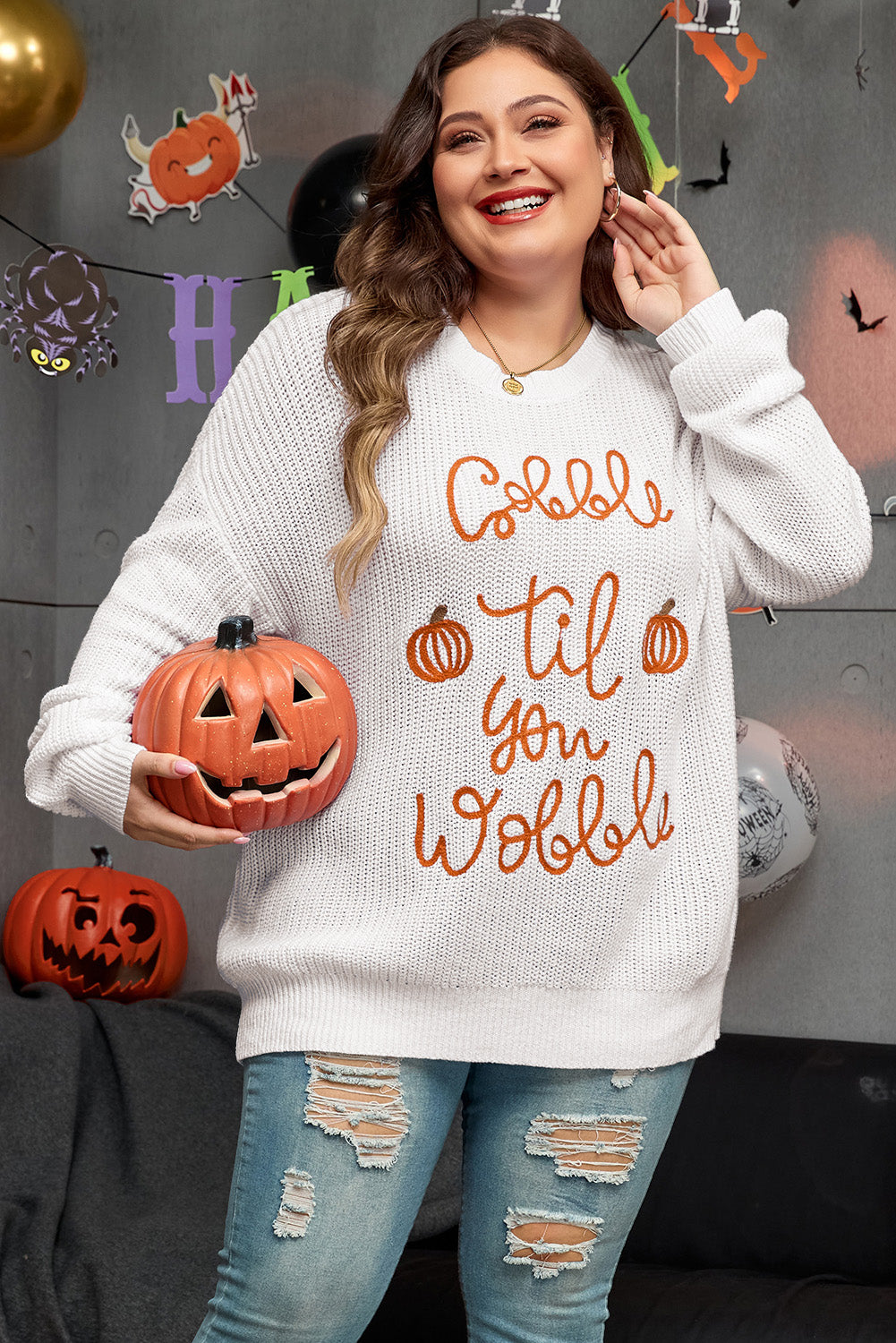 Gobble Til You Wobble Pop Up Crochet Plus Size Sweater | White