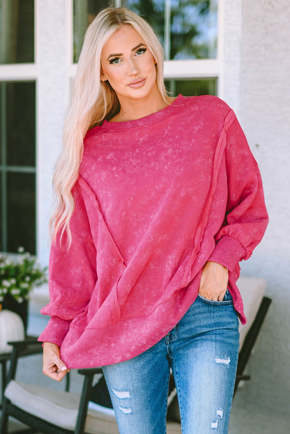 Acid Wash Relaxed Fit Seamed Pullover Sweatshirt With Slits | Rose