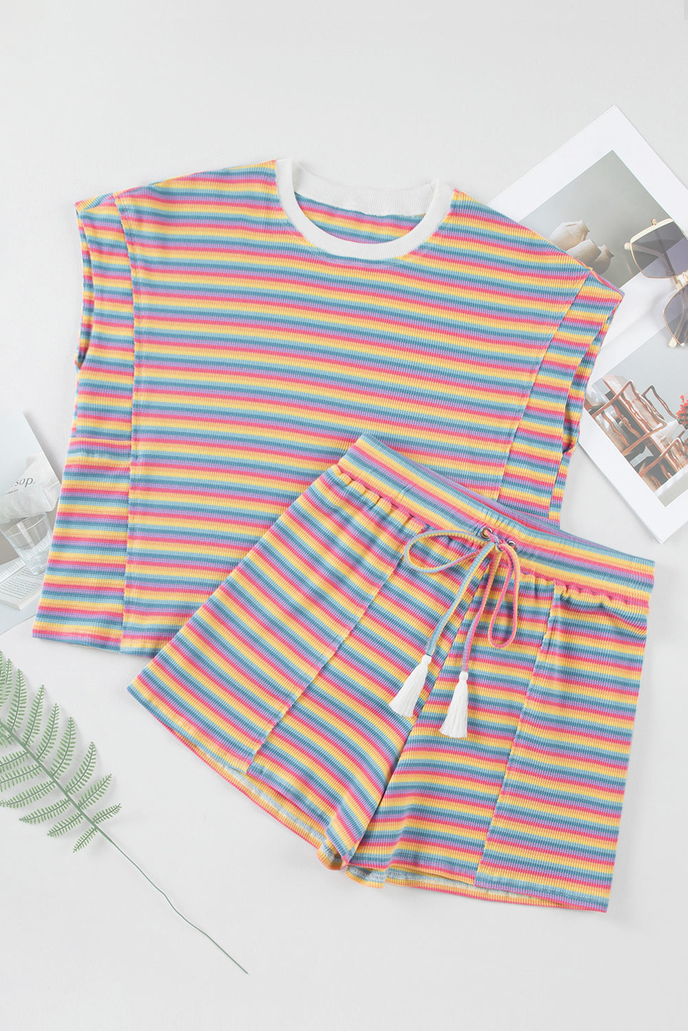 Crew Neck Tee And Tasseled Drawstring Shorts Set | Pink Stripe