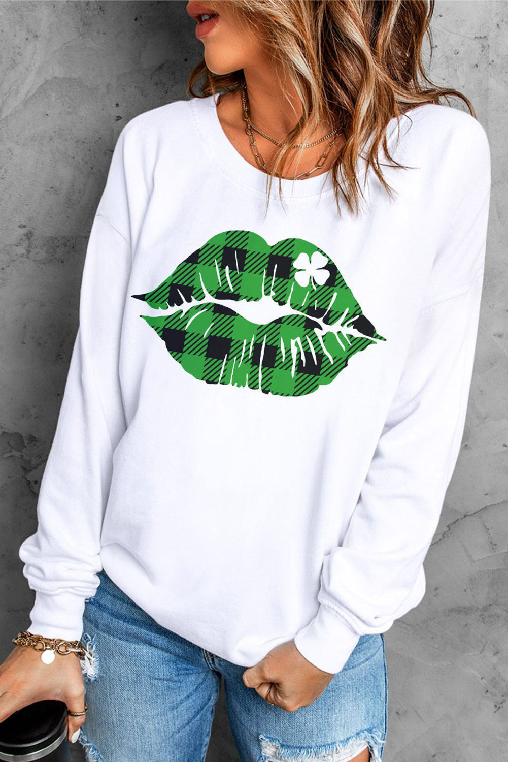 White Plaid Lip Clover Graphic Print Long Sleeve Sweatshirt