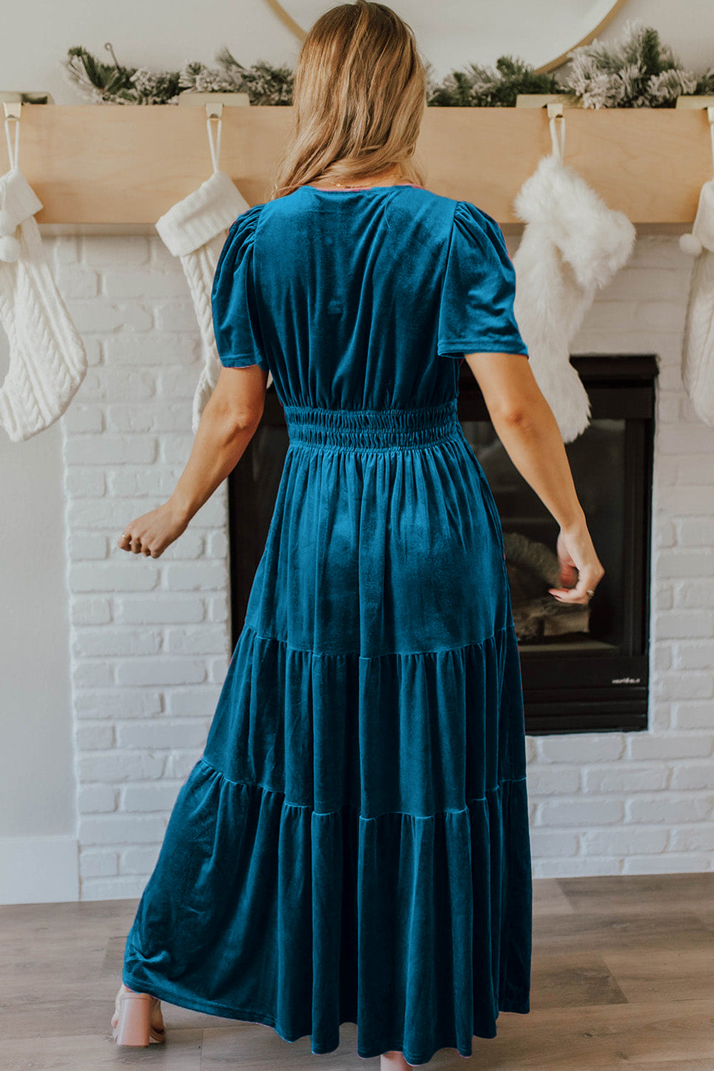 Velvet Short Sleeve Shirred Waist Tiered Maxi Dress | Prussian Blue