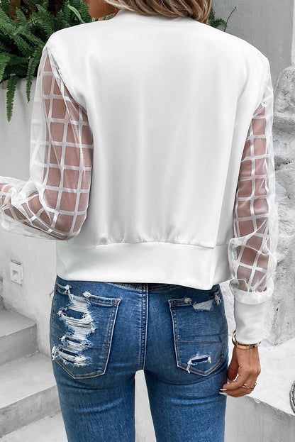 Latticed Mesh Sleeve Zip Up Bomber Jacket | White