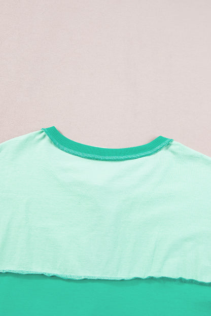 Contrast Colour Patchwork Half Button T Shirt | Bright Green