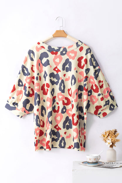 Colourful Leopard Print Batwing Sleeve Plus Blouse | White