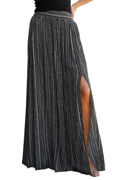 Striped Printed Slit Wide Leg High Waist Pants | Black Printed