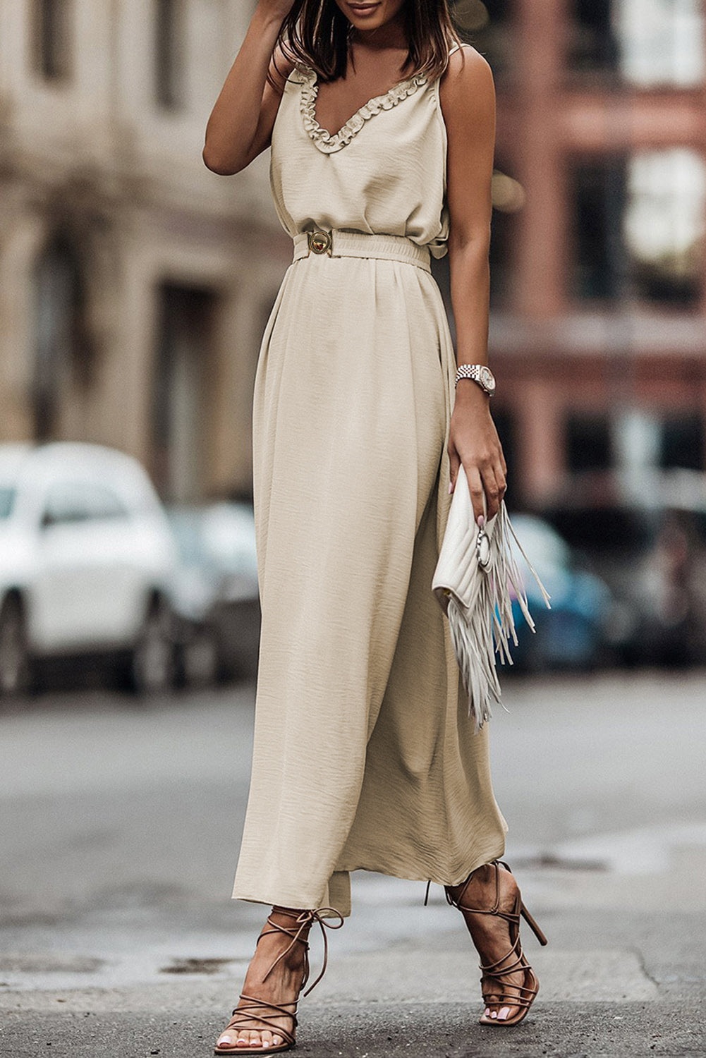 V Neck Sleeveless Maxi Dress With Elastic Belt | Apricot