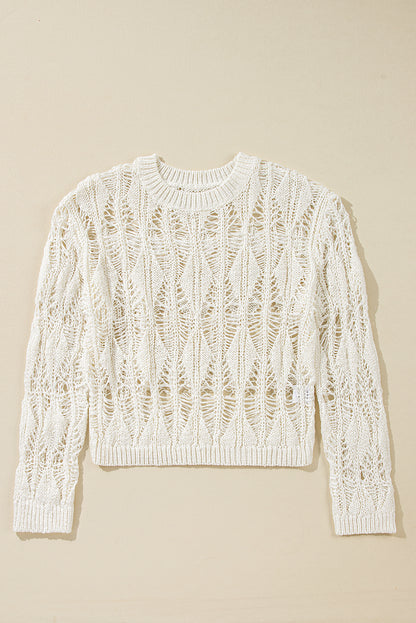 Cut Out Crochet Crew Neck Loose Fit Sweater | White