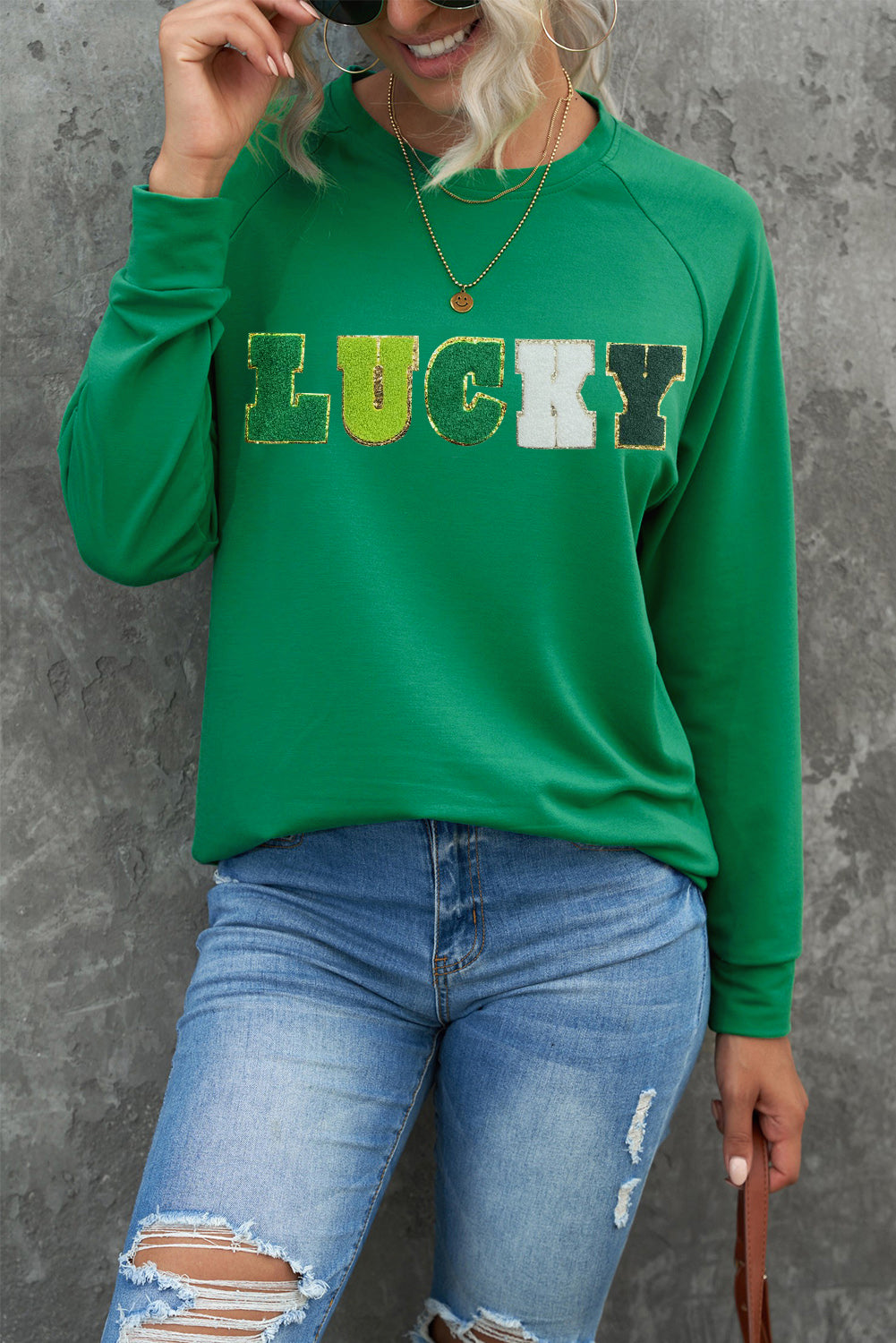 St Patricks Lucky Chenille Embroidered Graphic Sweatshirt | Green