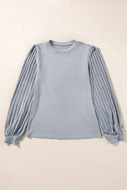 Contrast Ribbed Bishop Sleeve Top | Gray