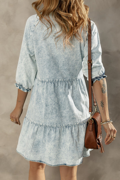 Acid Wash Retro Half Sleeve Flared Denim Dress | Dusk Blue