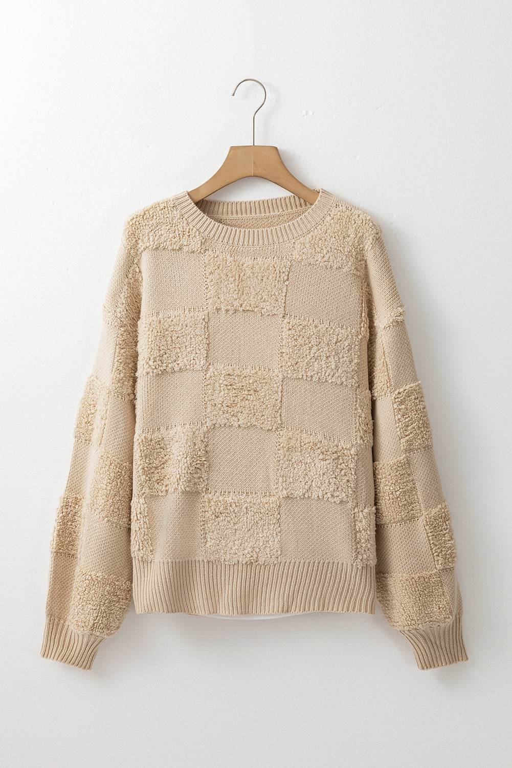 Checkered Sherpa Crew Neck Loose Sweater | Parchment