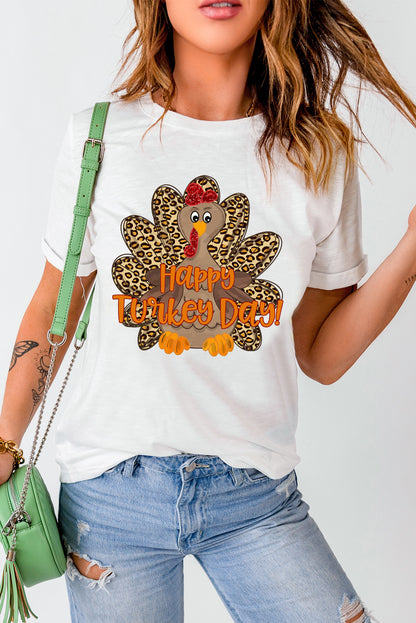 Happy Turkey Day Leopard Print Crew Neck Loose T Shirt | White