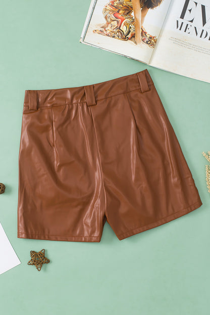 Faux Leather Pleated Casual Shorts | Brown