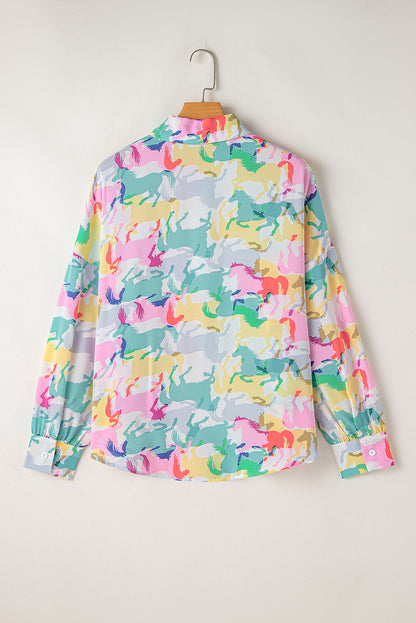 Colourful Horse Printed Long Sleeve Button Up Casual Shirt | White