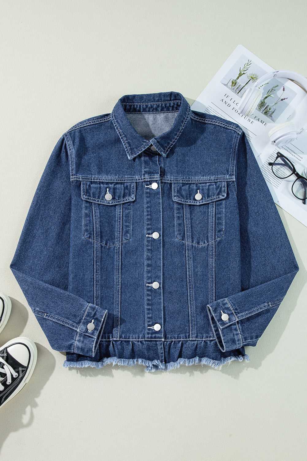 Ruffle Raw Hem Flap Pockets Denim Jacket | Navy Blue