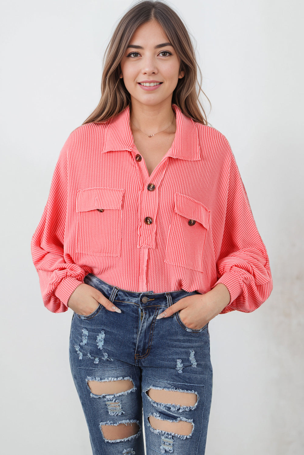 Corded Flap Pocket Henley Top | Pink