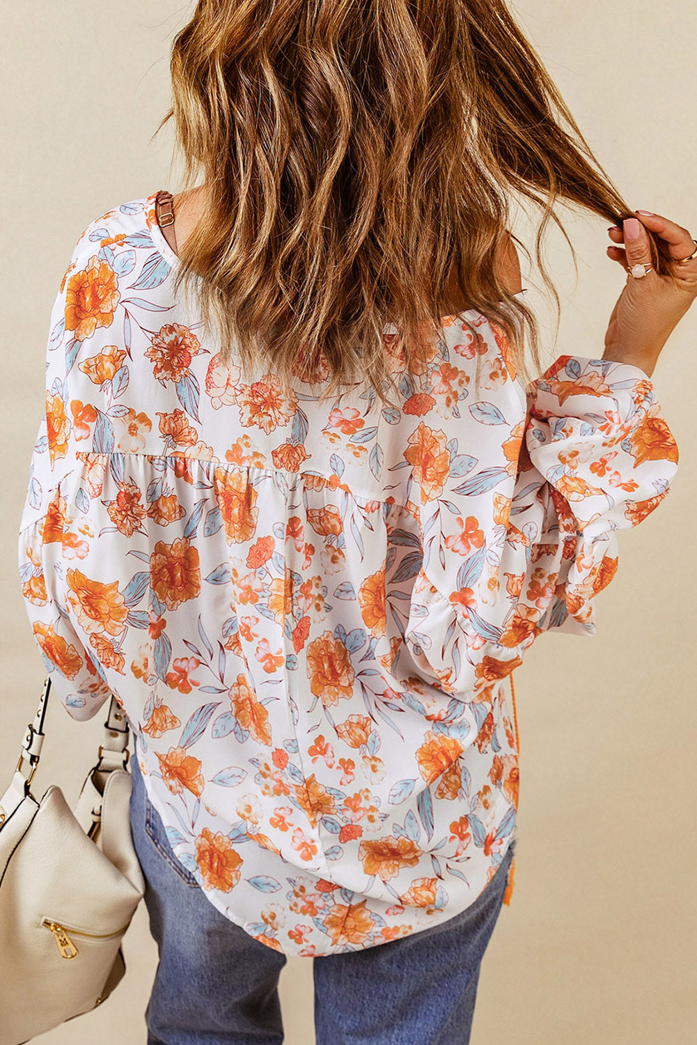 Split V Neck Floral Print Dolman Blouse | Orange