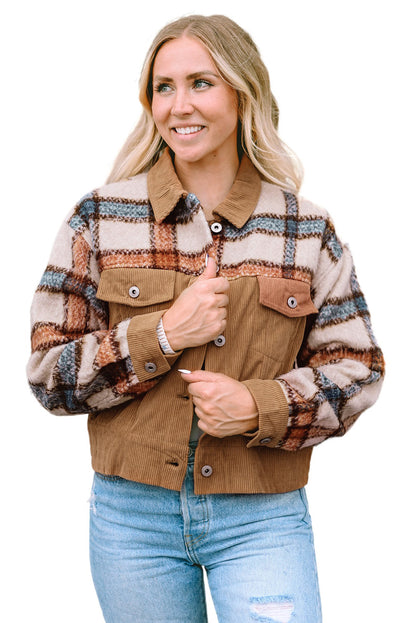 Plaid Corduroy Flap Pockets Boxy Chunky Jacket | Khaki