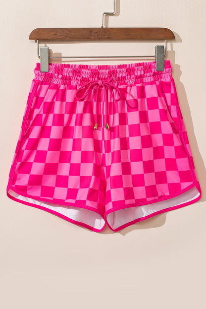 Checkered Drawstring Elastic Waist Casual Shorts | Rose