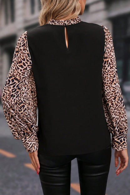 Contrast Leopard Print Lantern Sleeve Blouse | Black