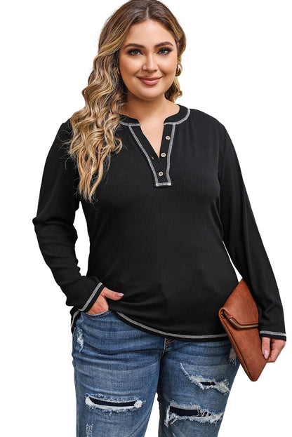 Plus Size Contrasting Topstitch Ribbed Henley Top | Black