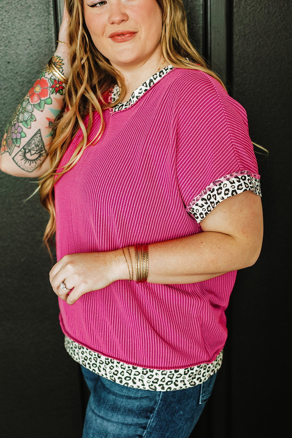 Leopard Trim V Neck Short Sleeve Plus Size Corded Top | Rose Red