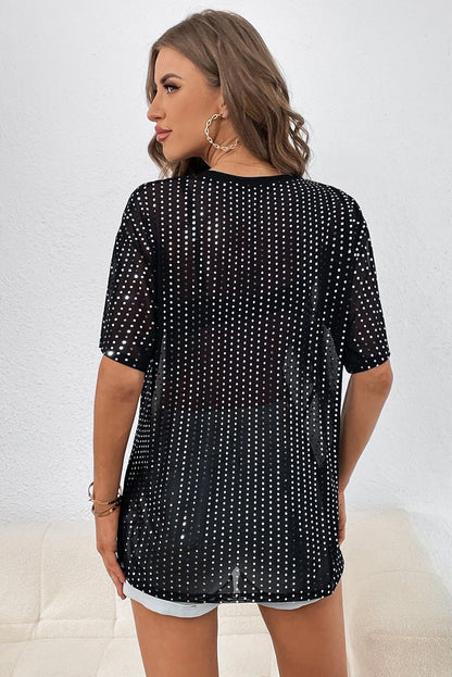 Sequin Drop Shoulder Sheer T-Shirt | Black