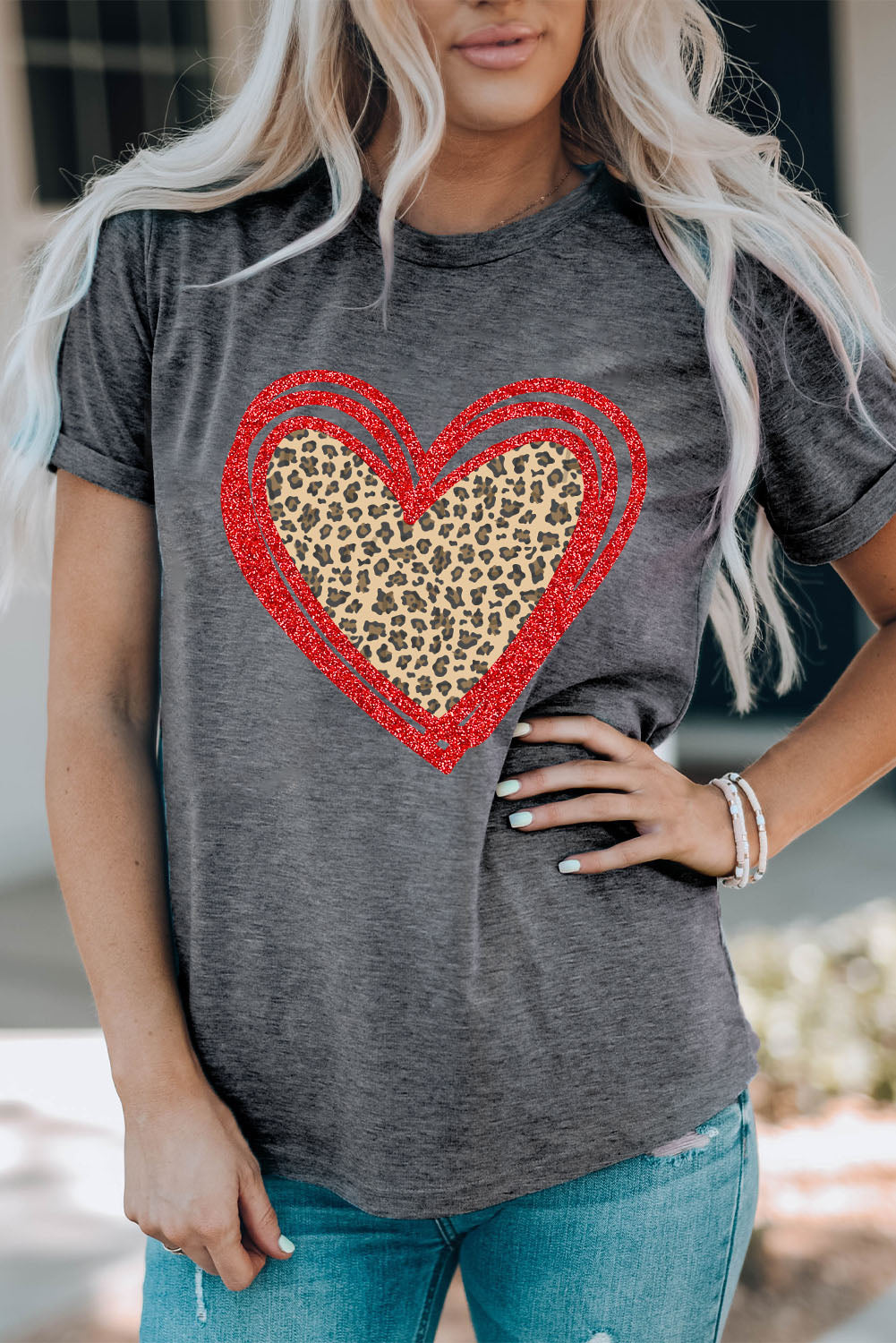 Sequin Leopard Heart Graphic T-Shirt | Gray