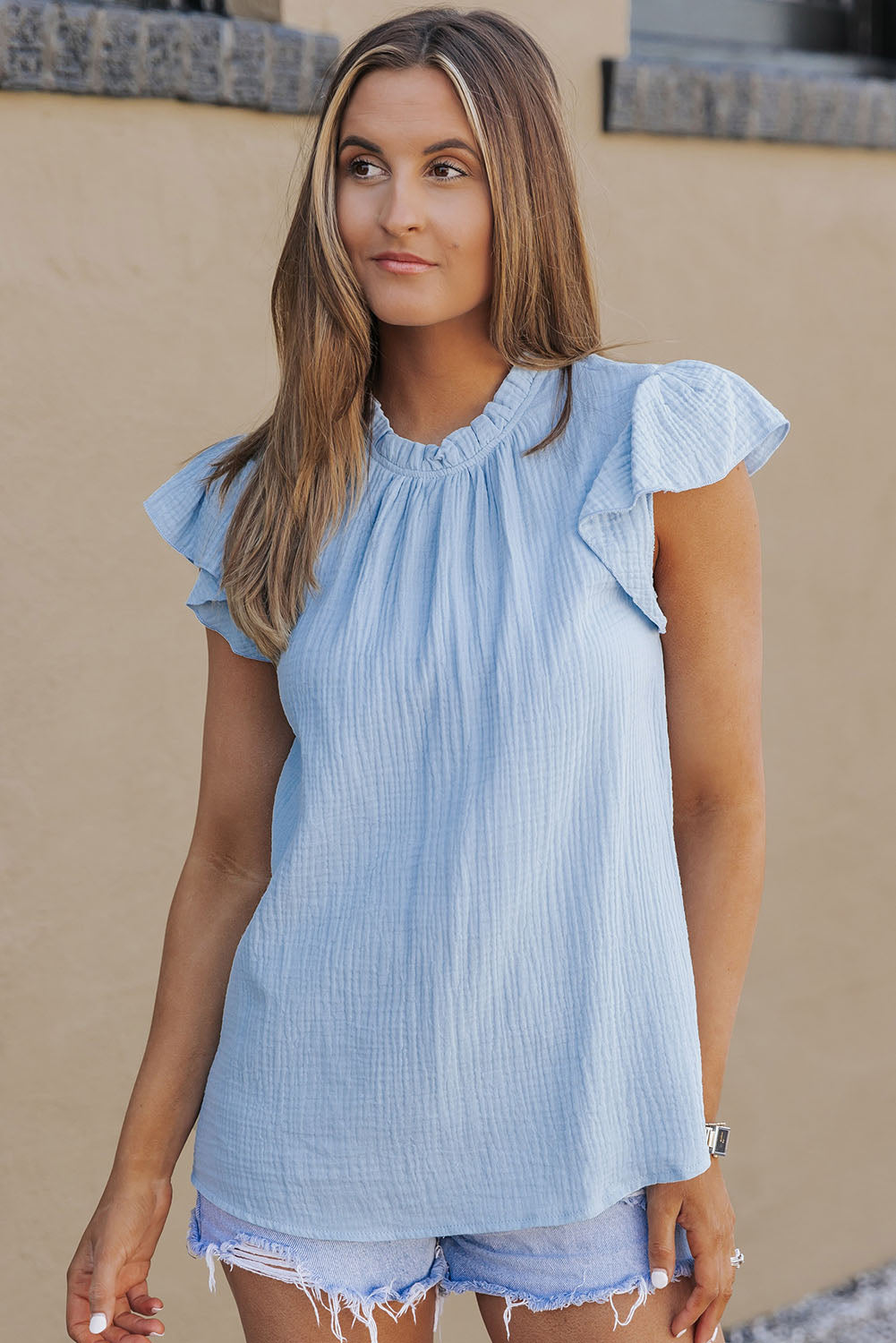 Flutter Sleeve Frilled Neck Textured Blouse | Sky Blue