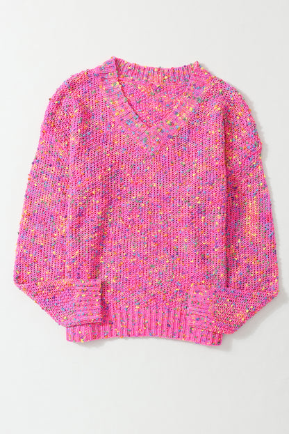 Colourful Spots Knitted V Neck Casual Sweater | Dark Pink