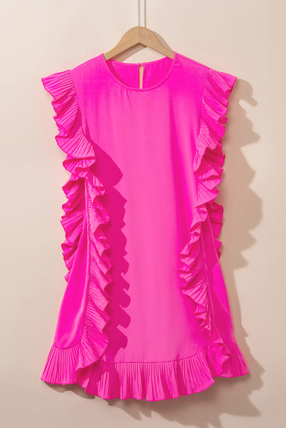 Solid Ruffled Edge Keyhole Back Mini Dress | Bright Pink