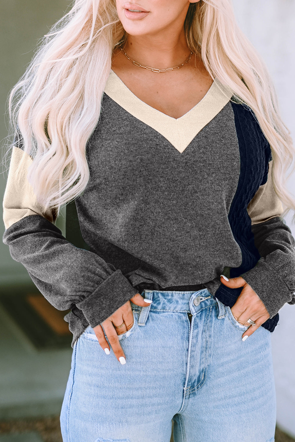 Brushed Contrast Knit V Neck Colourblock Long Sleeve Top | Black