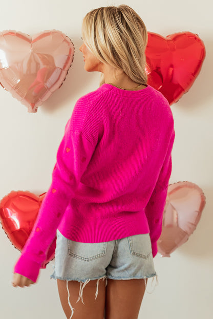 Heart Shape Drop Shoulder Round Neck Sweater | Rose Red