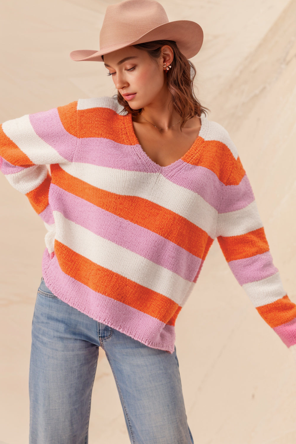 Colourblock V Neck Casual Sweater | Orange Stripe