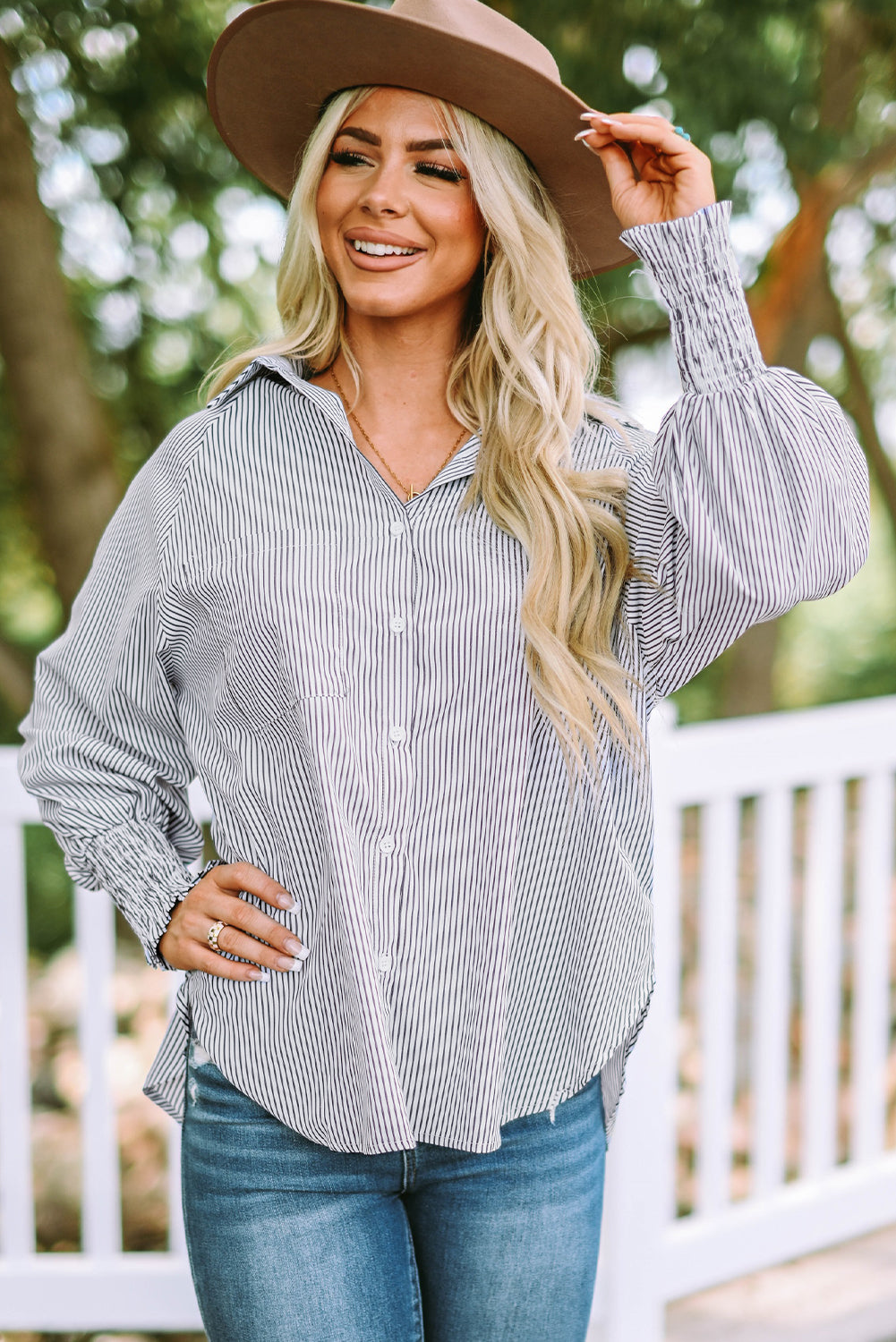 Smocked Cuffed Striped Boyfriend Shirt With Pocket | Black