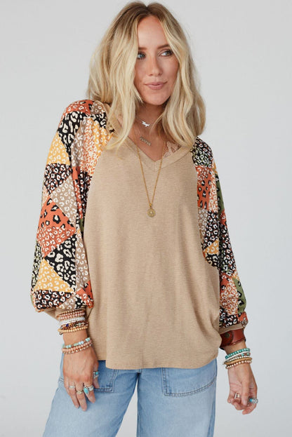 Contrast Printed Raglan Sleeves Patchwork V Neck Loose Top | Parchment