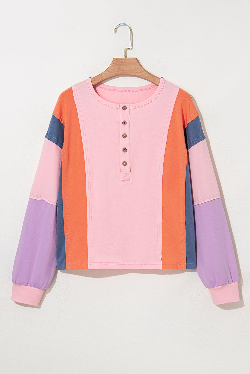 Colourblock Long Sleeve Buttons Henley Top | Pink