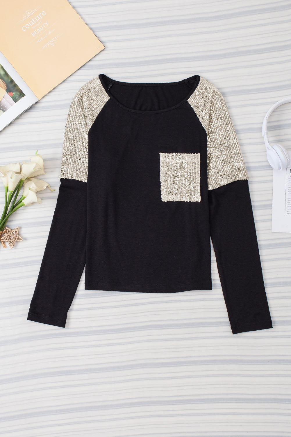 Sequin Patch Chest Pocket Raglan Sleeve Top | Black