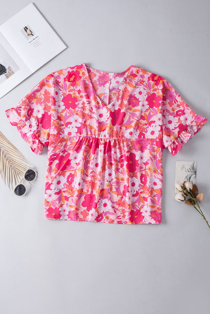 Floral Print Ruffled Half Sleeve Plus Size Babydoll Blouse | Rose